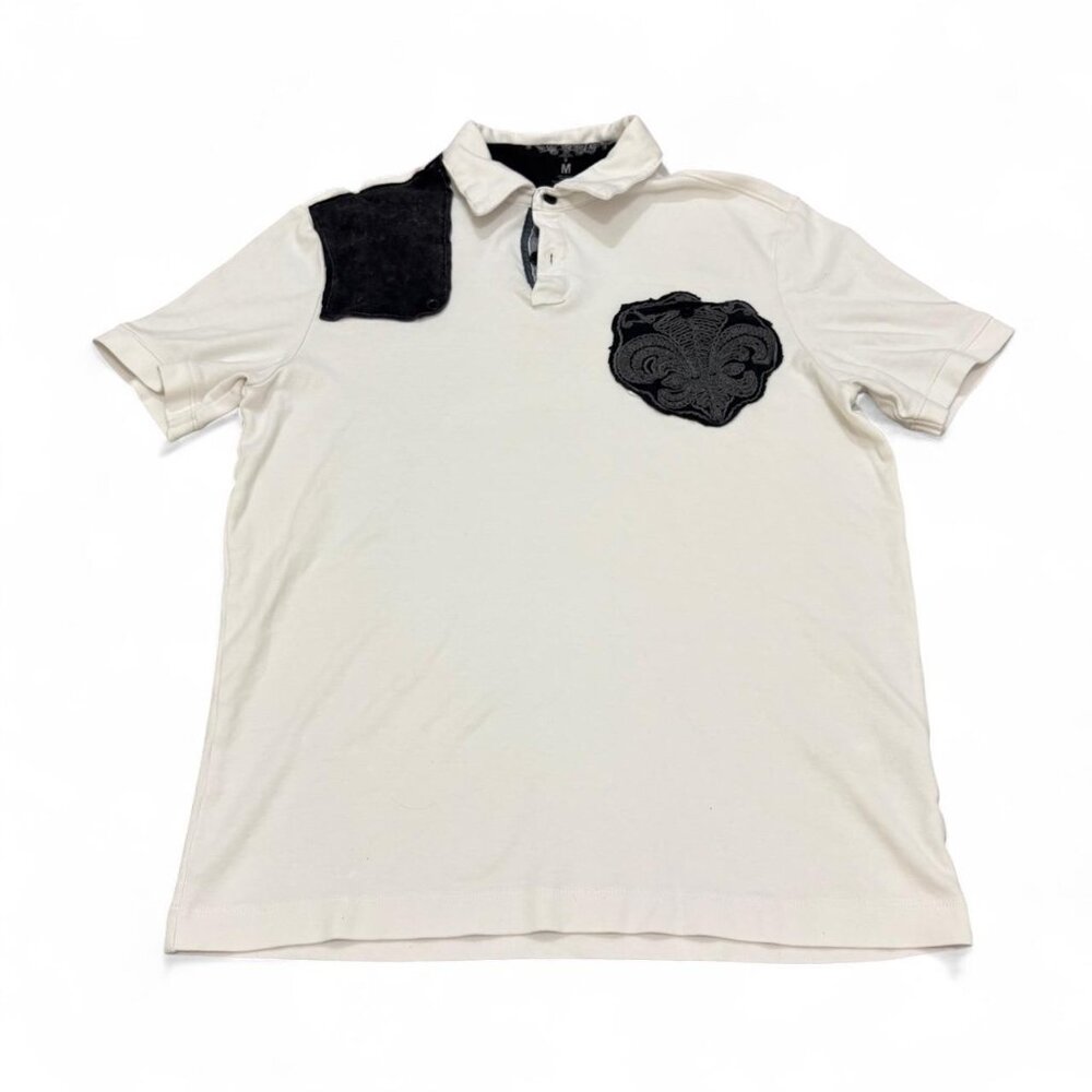 Affliction Style Polo Shirt – White & Black Patch Design – Size M